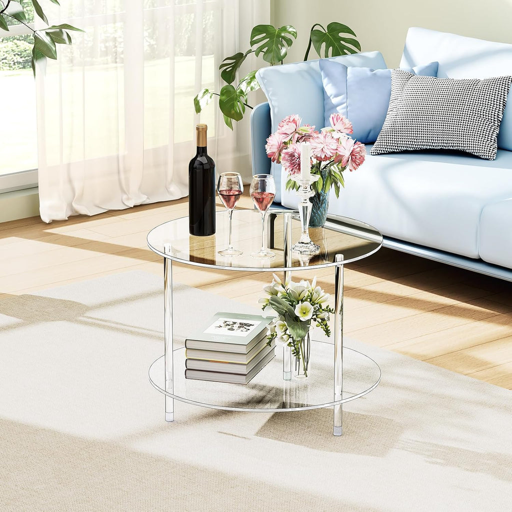 Clear Round Acrylic Coffee Table with Storage, 23.6" L x 23.6" W x 18.4" H, 2 Tier Modern Lucite Center Side End Tables for Living Room, Thicken Sturdy Transparent Circle Accent Tea Table 0041