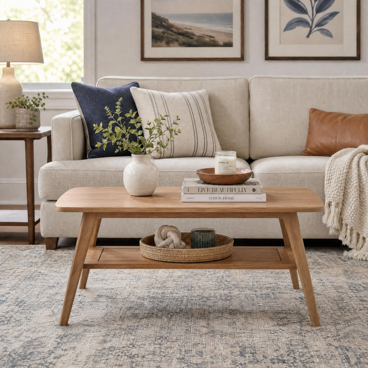 100% Solid Oak Coffee Table with Storage Shelf, 31.49" W