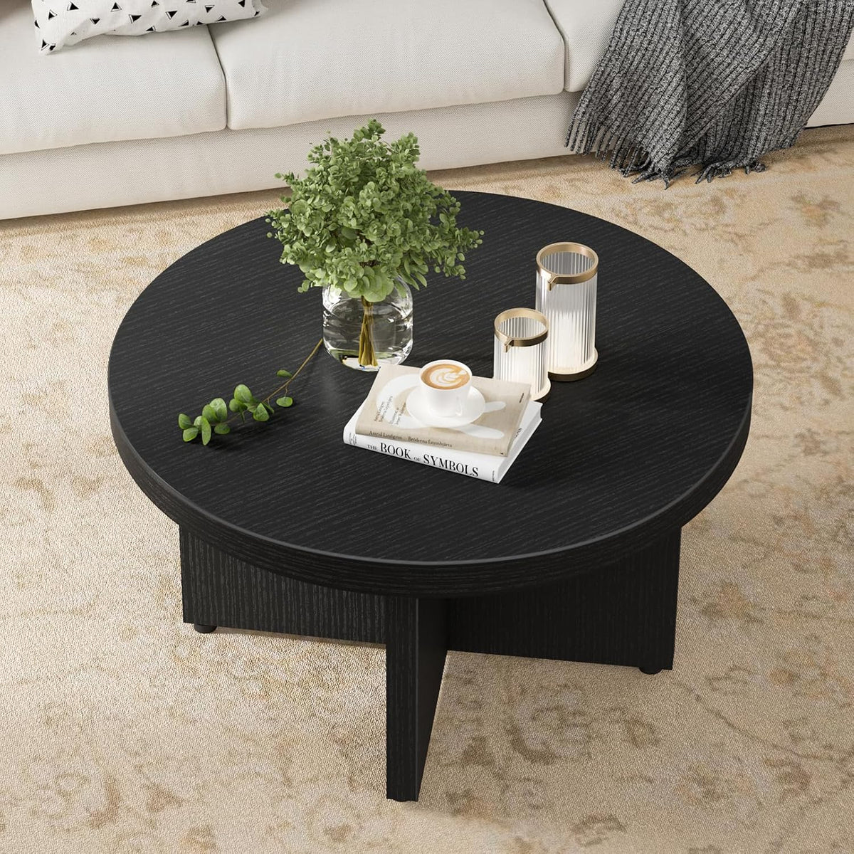 Small Black Round Coffee Table - 30 inch Wood Coffee Tables for Living Room Modern Circle Tea Table Circular Center Table for Apartment