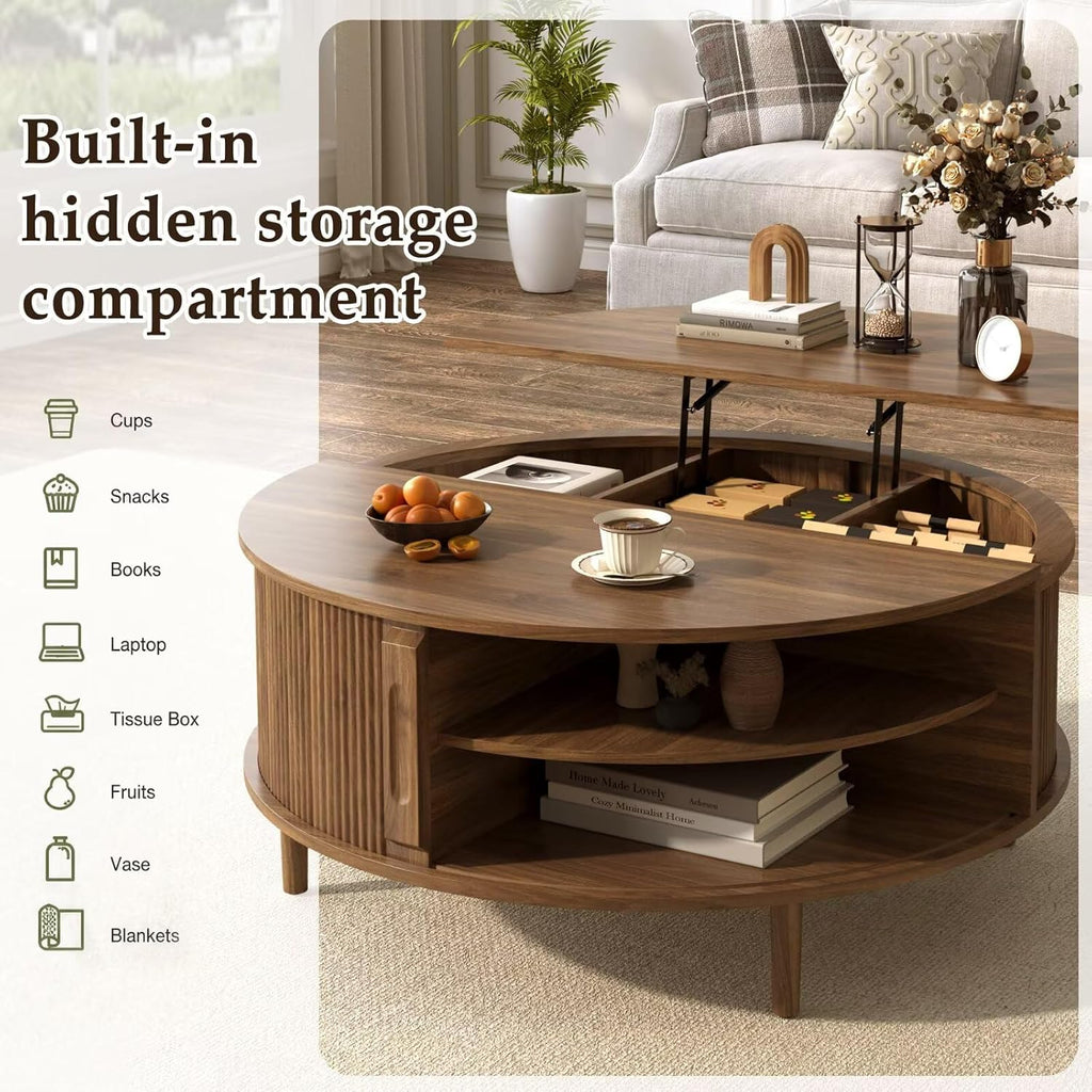 Round Lift Top Coffee Table, 39.4 Inch Minimalist Fluted Walnut Wood Cocktail Table with Hidden Divided Storage & Dual-Tier Open Side Shelves, Dark Walnut Finish Circular Living Room Center Table