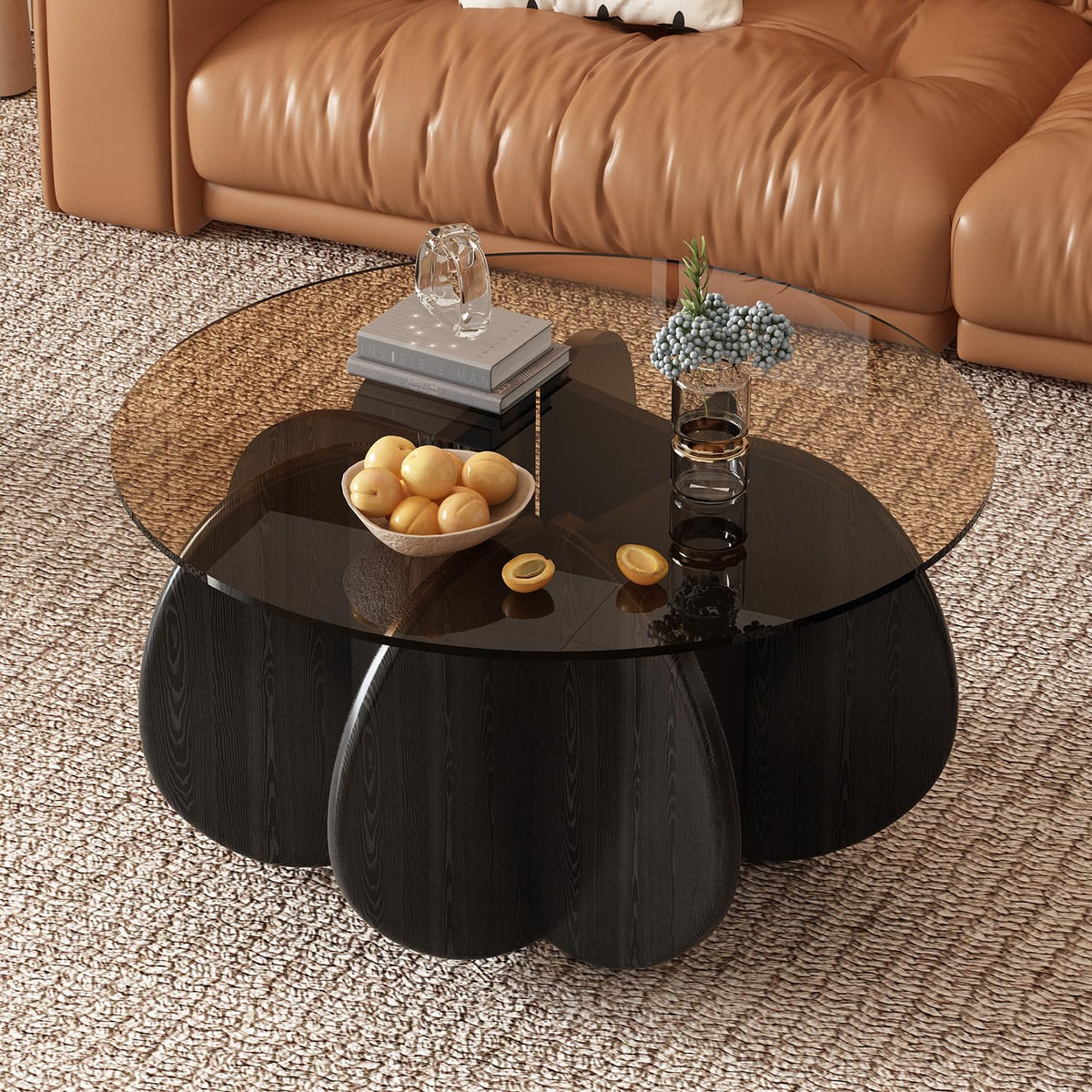 31.5'' Round Coffee Table with Tempered Glass Top, Modern Center Table for Small Spaces - Sturdy Walnut Board Frame, Simple Design for Living Room, Home, Office - Easy Assembly. (Walnut + Brown)