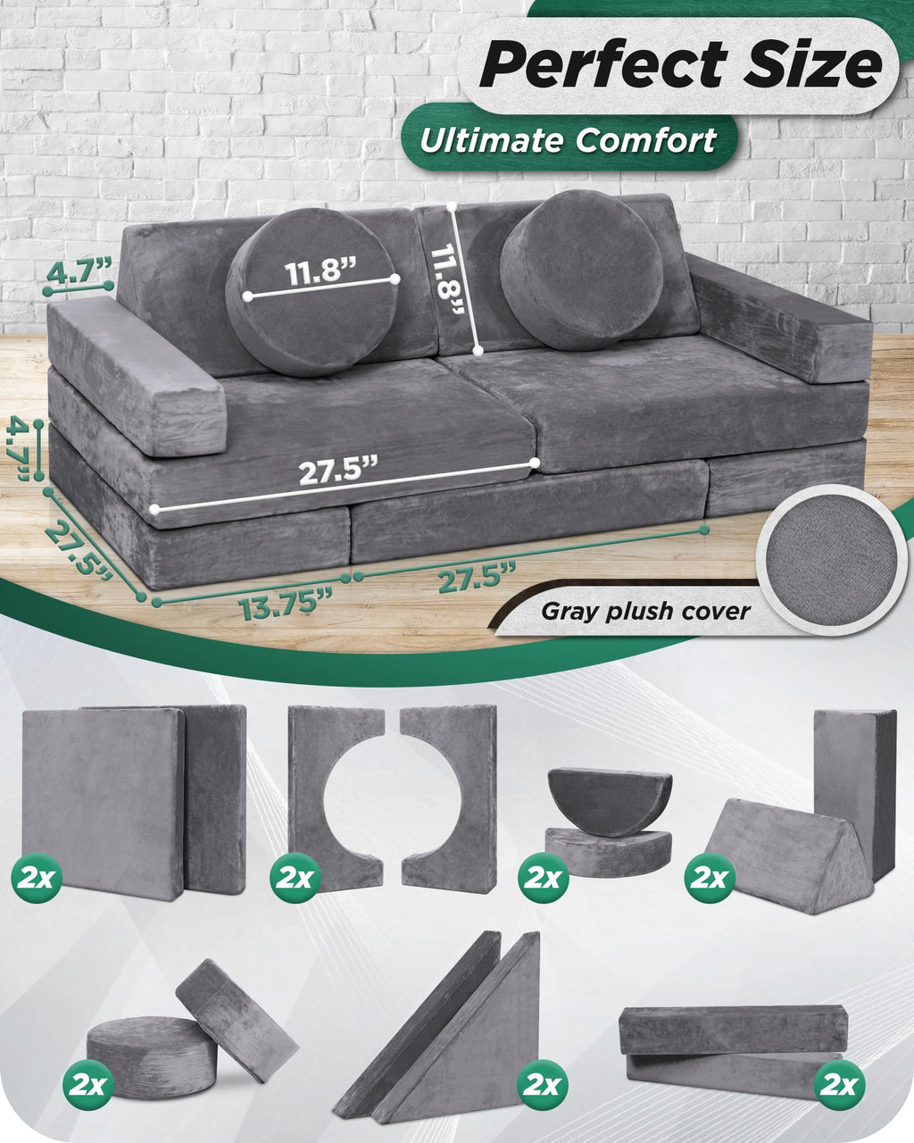 Lunix Modular Kids Play Couch, 14-Piece Fort Building & Climbing Foam Set