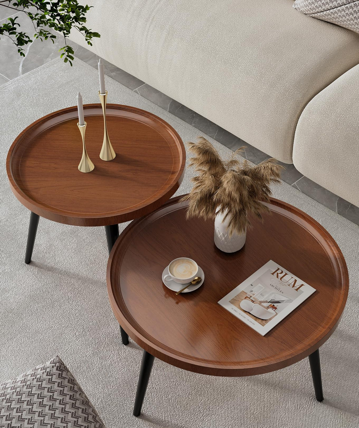 2 Pcs Small Oval Coffee Table,31.5" Retro Walnut Coffee Tables Nesting Tables Set,Easy Assembly Mid Century Modern Coffee Tables for Living Room Office,Coffee Table and End Table Sets
