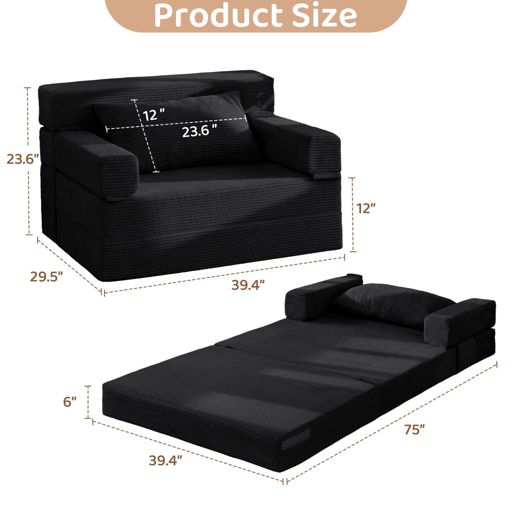 BYBYME Convertible Sofa Bed, 6â Thick 3-Folding Floor Sofa, 53â Loveseat