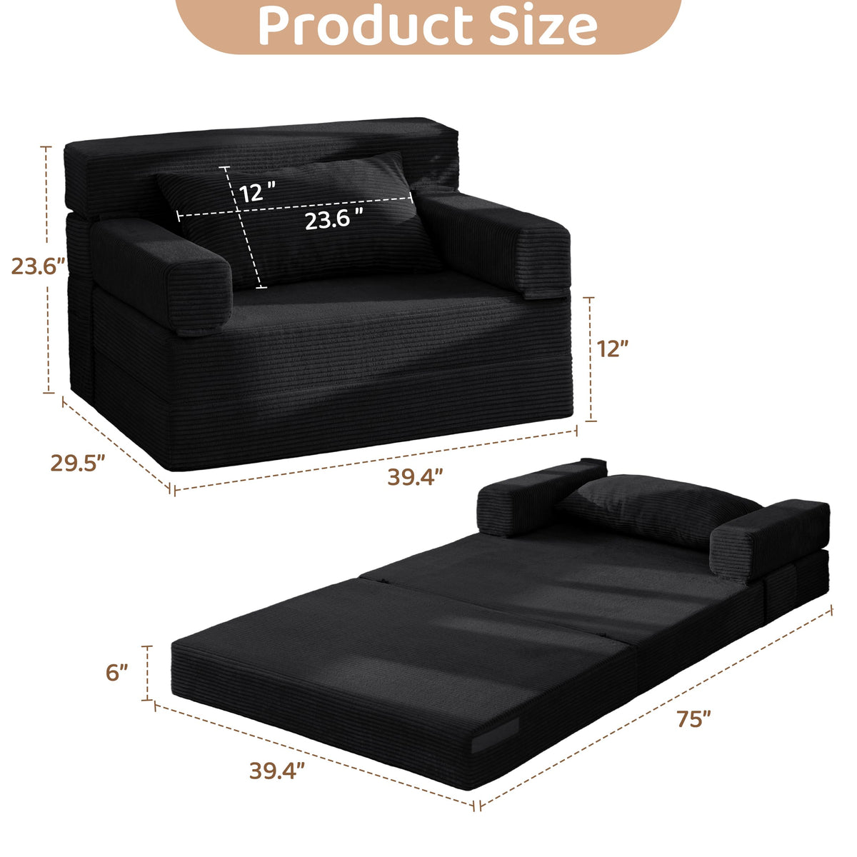 BYBYME Convertible Sofa Bed, 6â Thick 3-Folding Floor Sofa, 53â Loveseat