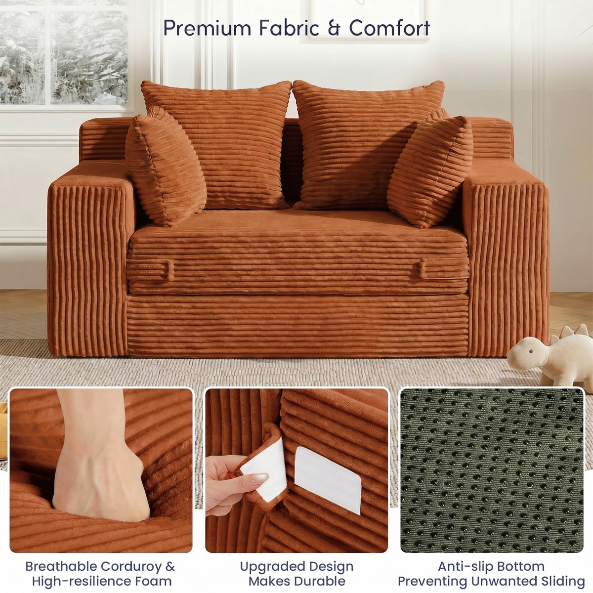 cidludto Convertible Sofa Bed, 3 in 1 Loveseat Folding Couch Bed Foldable - Chaise Lounge Chair & Floor Futon Sofa, Corduroy Pull Out Sofa Bed with 4 Pillows for Living Room, Beige