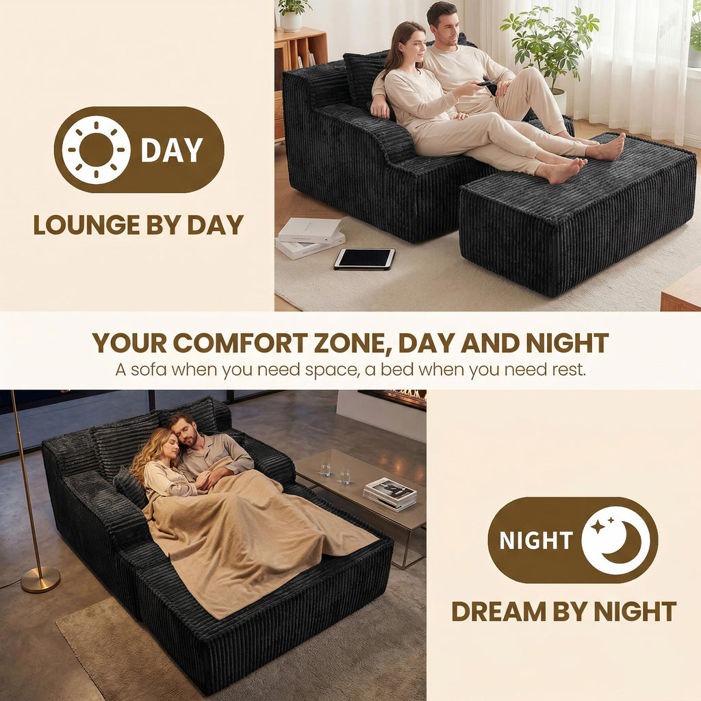 Chaise Lounge Chair Indoor,Boneless Chair with Ottoman,Comfy Reading Chair for Adults,Small Sofa Bed Couch for Living Room,Single Sleeper Chair Bed,Beige