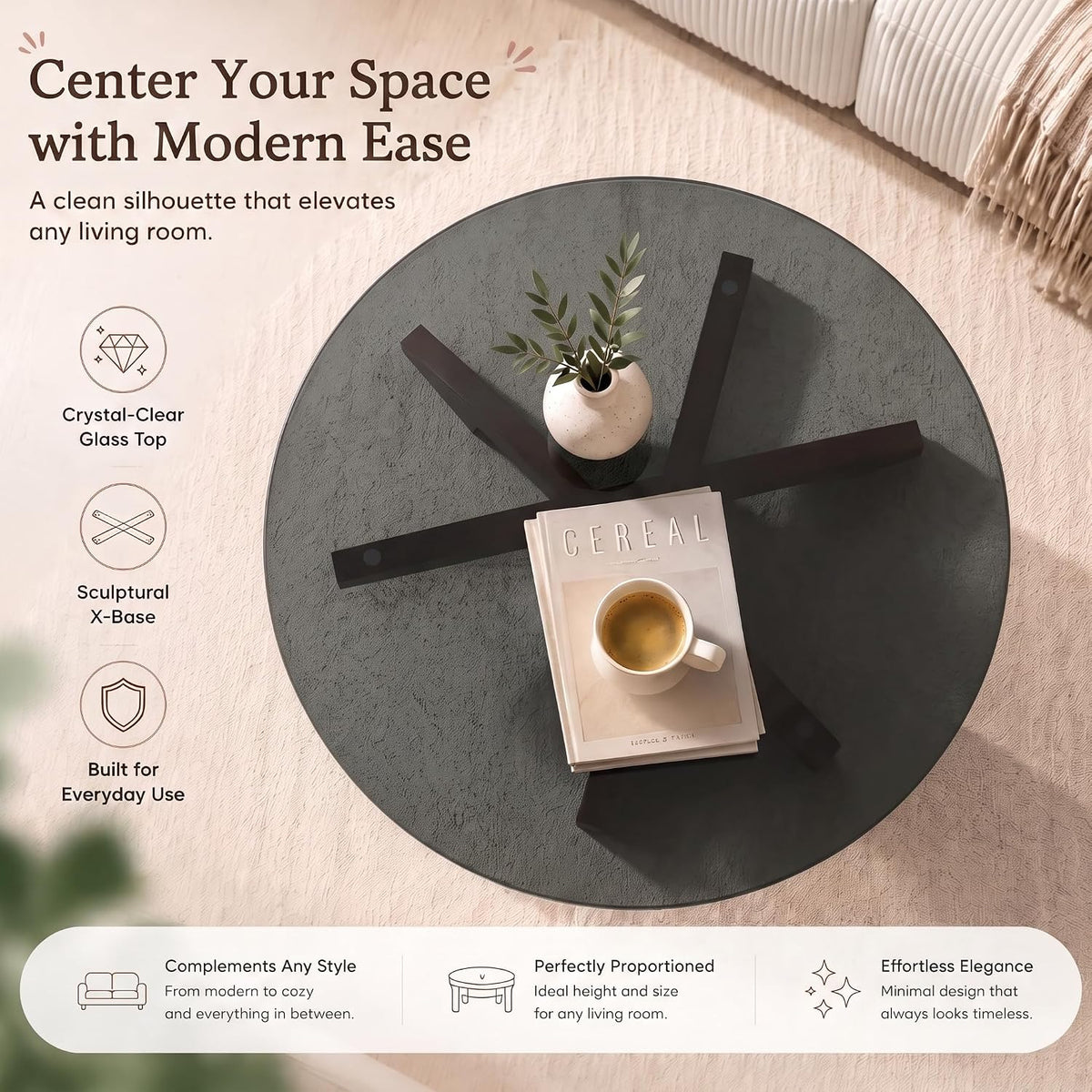 Honyee Glass Coffee Table, 30.7â Round Coffee Table with Tempered Glass Top, Walnut Wood X-Shaped Base, Stable Modern Center Table for Living Room, Apartment and Small Spaces
