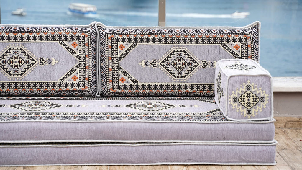 Gray L Shaped Pallet Cushions, Arabic Floor Sofa Set, Oriental Floor Seating, Sectional Floor Cushion, Indoor Floor Pillows, Arabic Majlis Set, Sofa Bed (U Sofa + Rug + Ottoman, 8'' Thickness (20 cm))