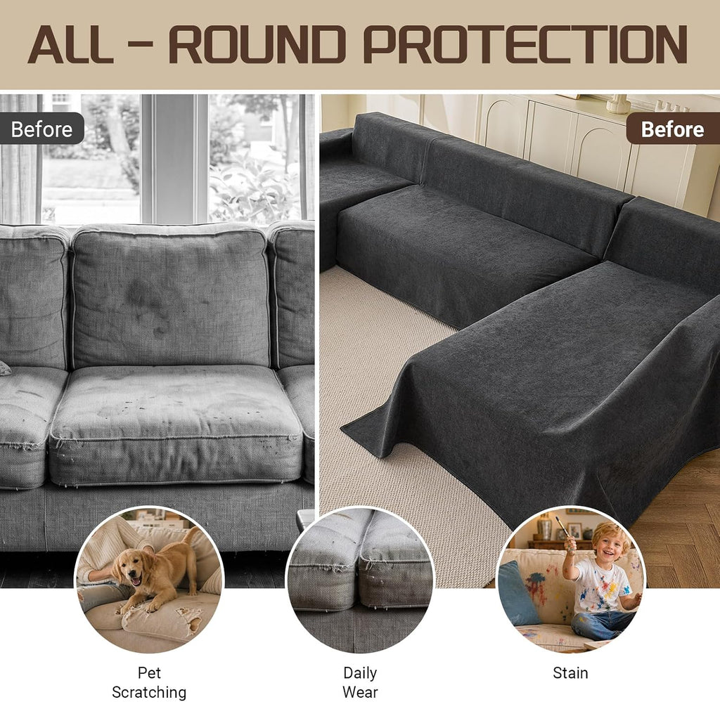 Deep Dream Sectional Couch Covers U Shape, 3 Pieces Waterproof Sofa Cover for Sectional Sofa, Non Slip U Shaped Couch Cover with Chaise Lounge for Dogs Pets, Dark Grey (2PCS 110"x63" + 1PCS 90"x71")