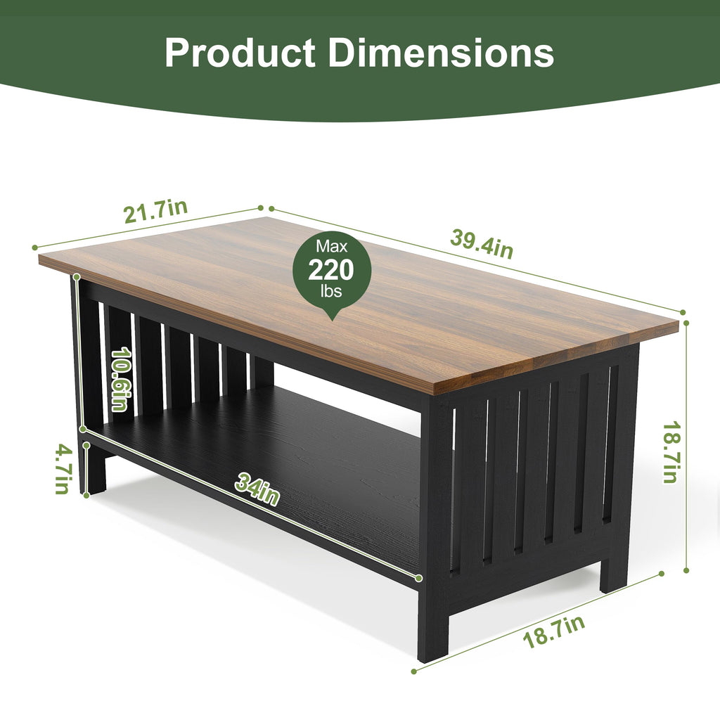 YOSHOOT 47.2" Farmhouse Coffee Table - Coffee Tables for Living Room, Small Coffee Table with Storage, Center Table for Living Room, Bedroom, Office, Black
