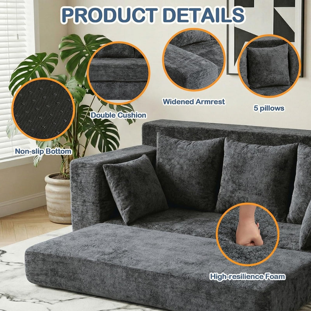 55" Small Boneless Couch, 3-in-1 Boneless Loveseat Sleeper Sofa Bed Convertible Sofa Bed with 4 Pillows, Black Corduroy Boneless Couch for Living Room, Guest Room, Small Space, No Assembly Required