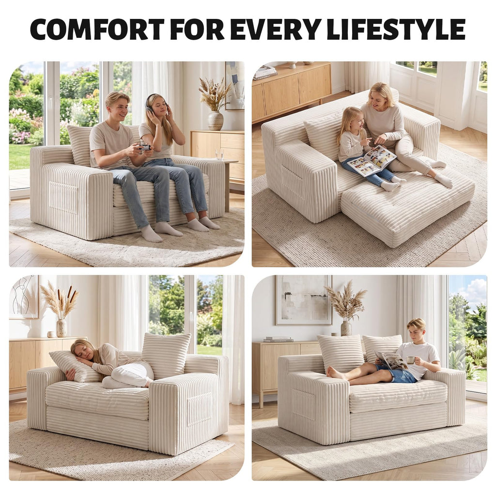 Small Boneless Couch, Boneless Loveseat Convertible Sofa Bed Sleeper Sofa Couch Bed with 2 Pillows, Corduroy Folding Floor Futon Foldable Boneless Couch for Living Room, Guest Room, Small Space, Black