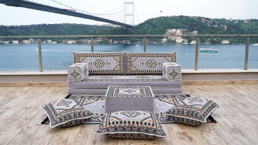 Gray L Shaped Pallet Cushions, Arabic Floor Sofa Set, Oriental Floor Seating, Sectional Floor Cushion, Indoor Floor Pillows, Arabic Majlis Set, Sofa Bed (U Sofa + Rug + Ottoman, 8'' Thickness (20 cm))