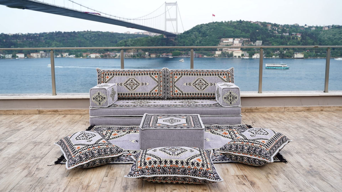 Gray L Shaped Pallet Cushions, Arabic Floor Sofa Set, Oriental Floor Seating, Sectional Floor Cushion, Indoor Floor Pillows, Arabic Majlis Set, Sofa Bed (U Sofa + Rug + Ottoman, 8'' Thickness (20 cm))