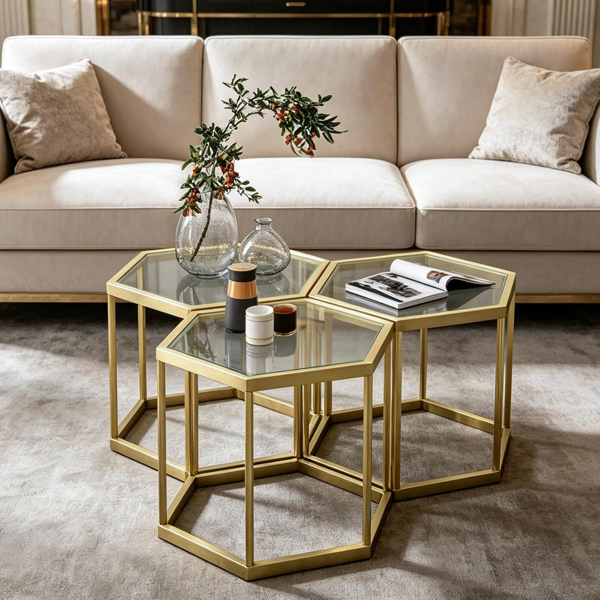 Hexagonal Modular Coffee Table, Gold Plated Frame, Tempered Glass Top, Geometric Accent Side Table, Multi-Purpose Nesting Table for Living Room Bedroom, Set of 3