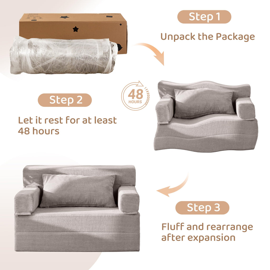 BYBYME Convertible Sofa Bed, 6â Thick 3-Folding Floor Sofa, 53â Loveseat