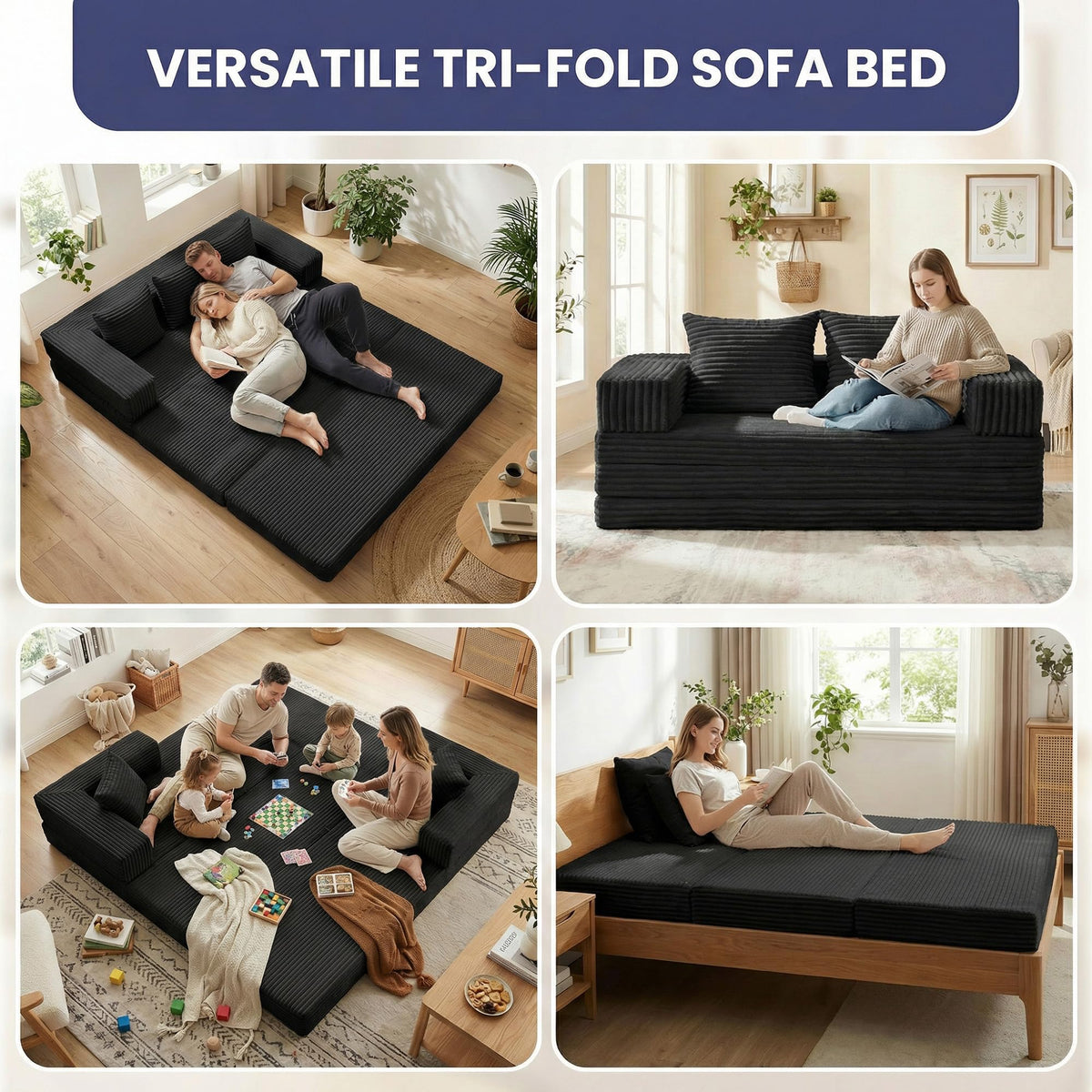 Convertible Sofa Bed, 4-in-1 Boneless Loveseat with Removable Armrests Backrest, Corduroy Futon Couch Bed with Pillow, Foldable Mattress Sleeper Sofa for Living Room Bedroom Small Place (Beige)