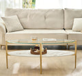 Shrine Oval Coffee Table, Mid-Century Modern Design, 2-Tier Structure, Clear Glass Top and White MDF Shelf, 47" D x 21" W x 17" H, Sleek Conical Metal Legs with Gold Finish