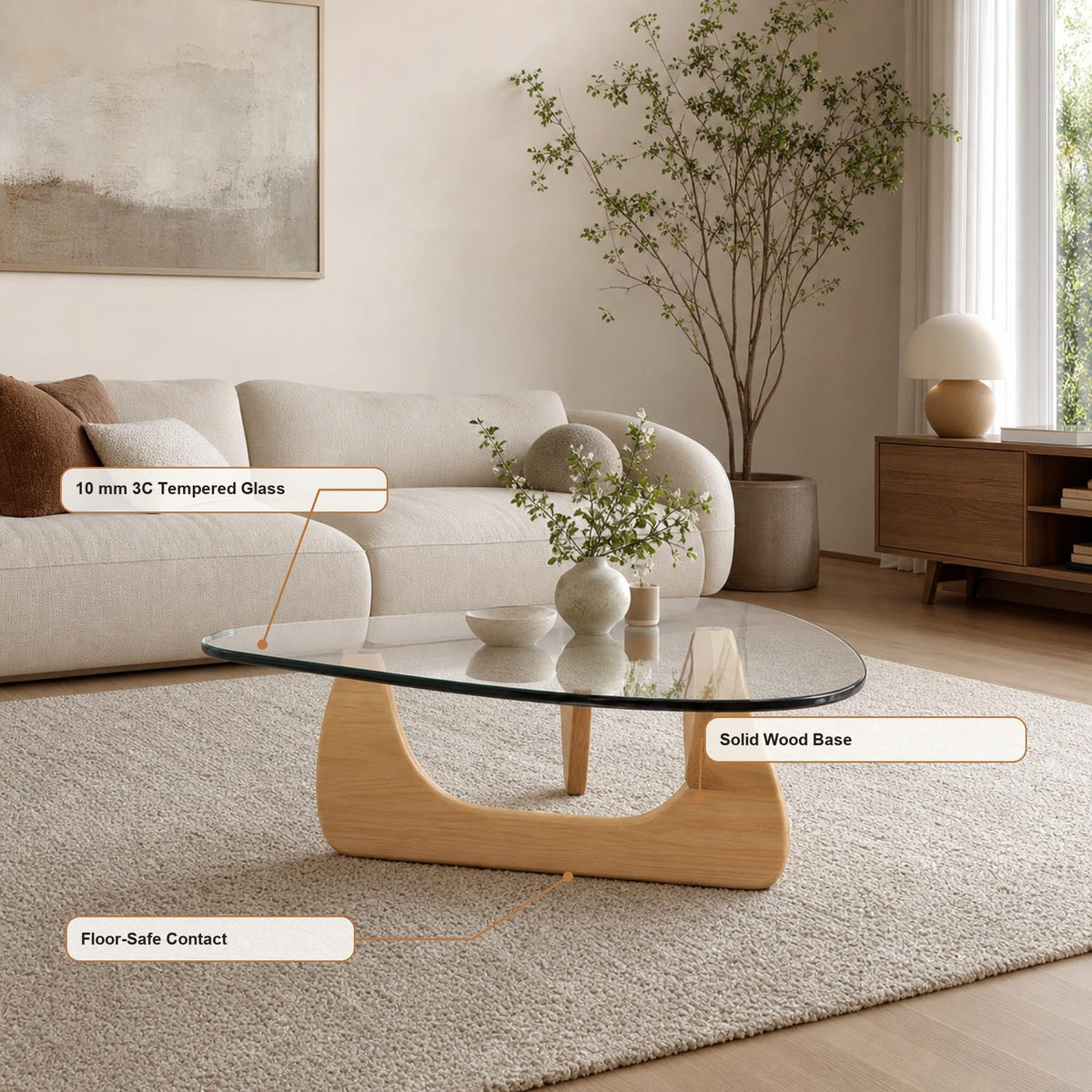 EASYSOUL Modern Glass Coffee Table, 32.68" D x 22.44" W x 15.75" H, Abstract Round Tea Tables for Living Room Home Office Industrial Cocktail Tables (Walnut-Brown Glass, 32.68")