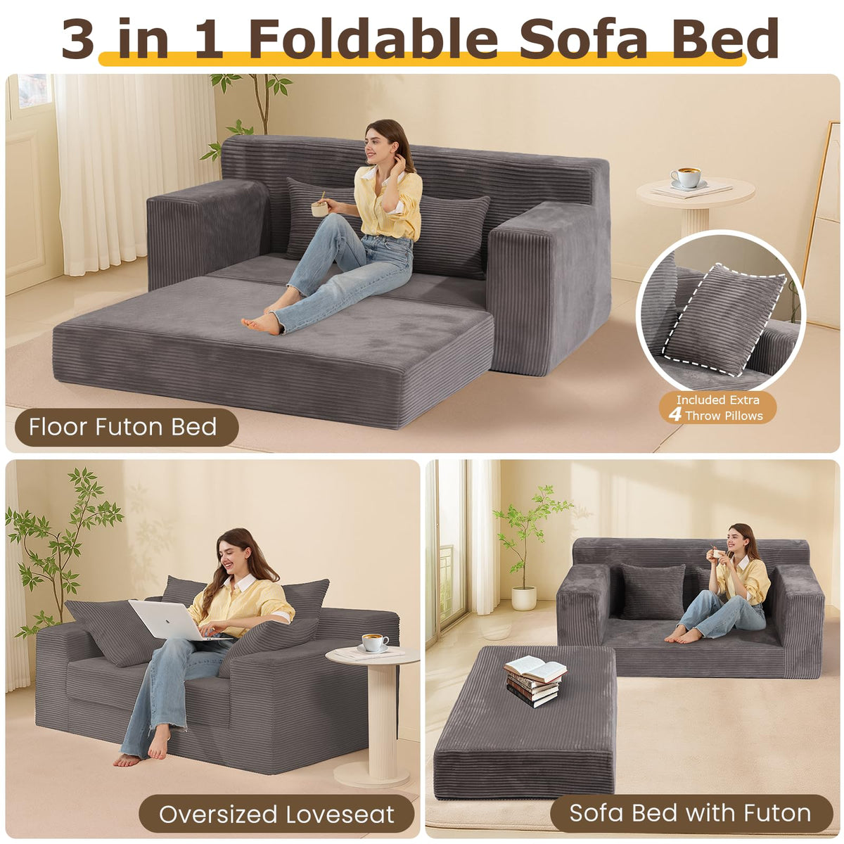 cidludto Convertible Sofa Bed, 3 in 1 Loveseat Folding Couch Bed Foldable - Chaise Lounge Chair & Floor Futon Sofa, Corduroy Pull Out Sofa Bed with 4 Pillows for Living Room, Beige