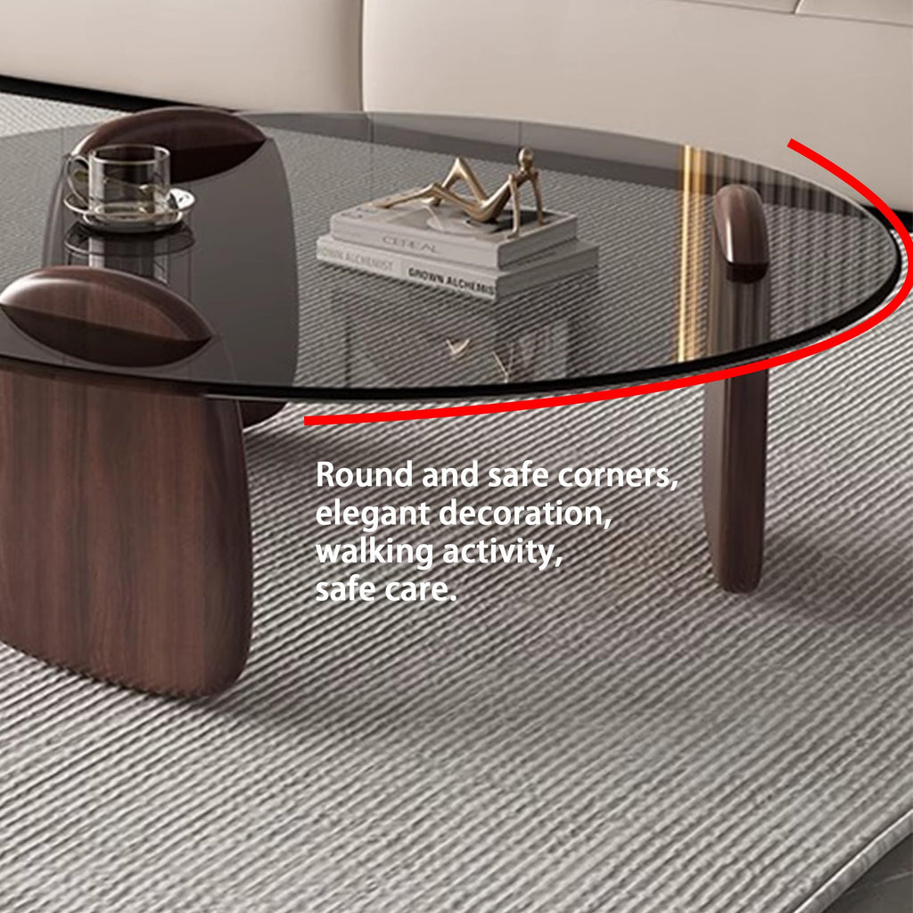 EASYSOUL Modern Round Coffee Table with Glass Top, 27.56" D x 27.56" W x 14.69" H, Circular Tea Tables for Living Room Home Office Industrial Cocktail Tables (Walunt-Clear Glass/27.56")