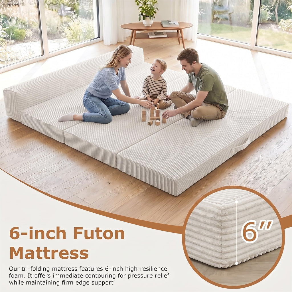 JUIKURY 6 Inch Tri-Fold Memory Foam Mattress Queen Size, 5 in 1 Convertible Sofa Bed, Foldable Floor Futon Sleeper Couch with Washable Cover & High-Density Foam, Portable Guest Bed for Living Room