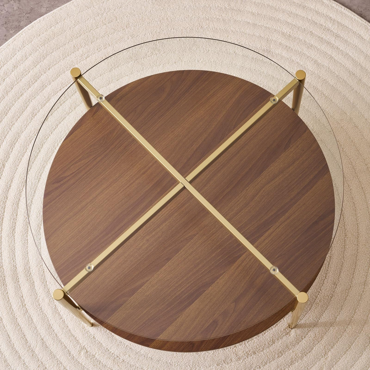 LumFurn Round Coffee Table for Living Room, Mid-Century Modern Design, D30 x H17, 2-Tier Structure, Grey Glass Top and Black Marble Finish Wood Shelf, Sleek Conical Metal Legs with Gold Finish Frame