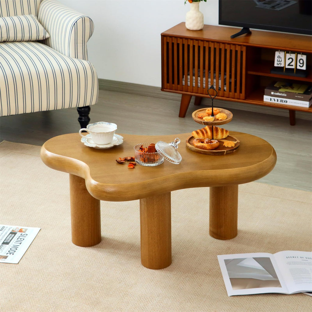 34"(L) Cloud Coffee Table, Modern Wood Coffee Table for Living Room, Accent Center Tables with 3 Legs, Small Tea Tables for Balcony, Patio, Bedroom, Cream White