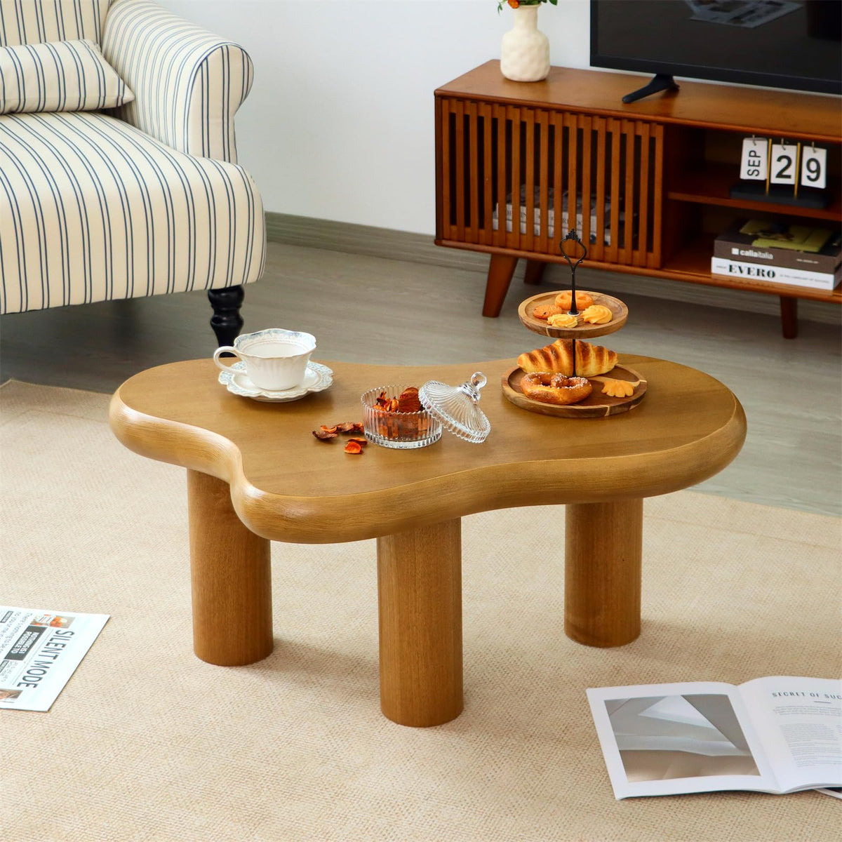 34"(L) Cloud Coffee Table, Modern Wood Coffee Table for Living Room, Accent Center Tables with 3 Legs, Small Tea Tables for Balcony, Patio, Bedroom, Cream White