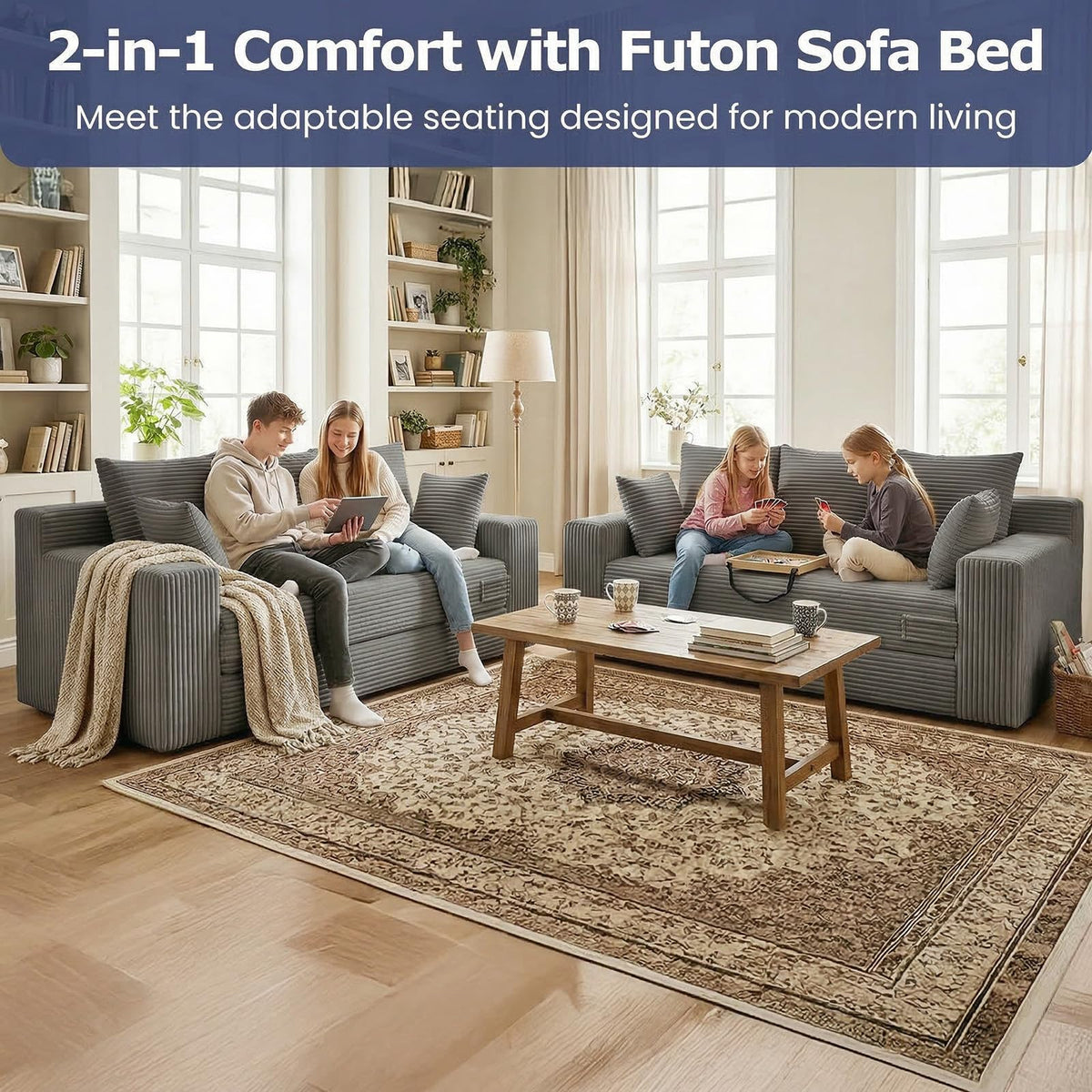 cidludto Convertible Sofa Bed, 3 in 1 Loveseat Folding Couch Bed Foldable - Chaise Lounge Chair & Floor Futon Sofa, Corduroy Pull Out Sofa Bed with 4 Pillows for Living Room, Beige
