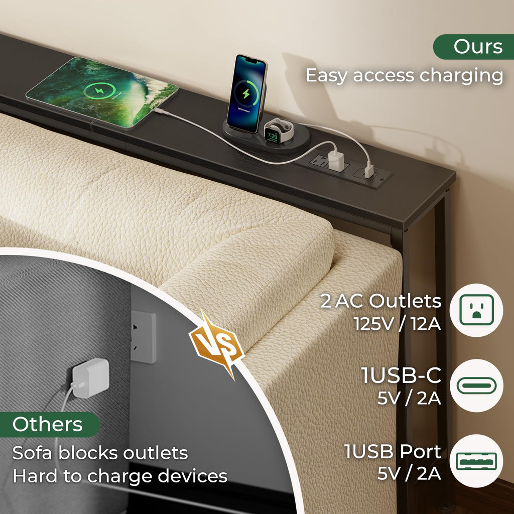 SUPERJARE 110.2 inch Narrow Behind Couch Table with Charging Stations