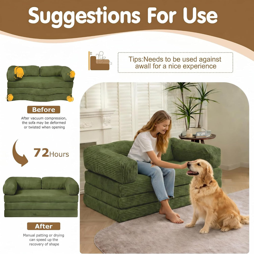 Convertible Sofa Bed Queen,5-in-1 Boneless Couch with Removable Armrests & Handle,Corduroy Futon Sleeper Sofa,Floor Folding Mattress Pull Out Bed for Small Space Apartment Living Room Bedroom,Green