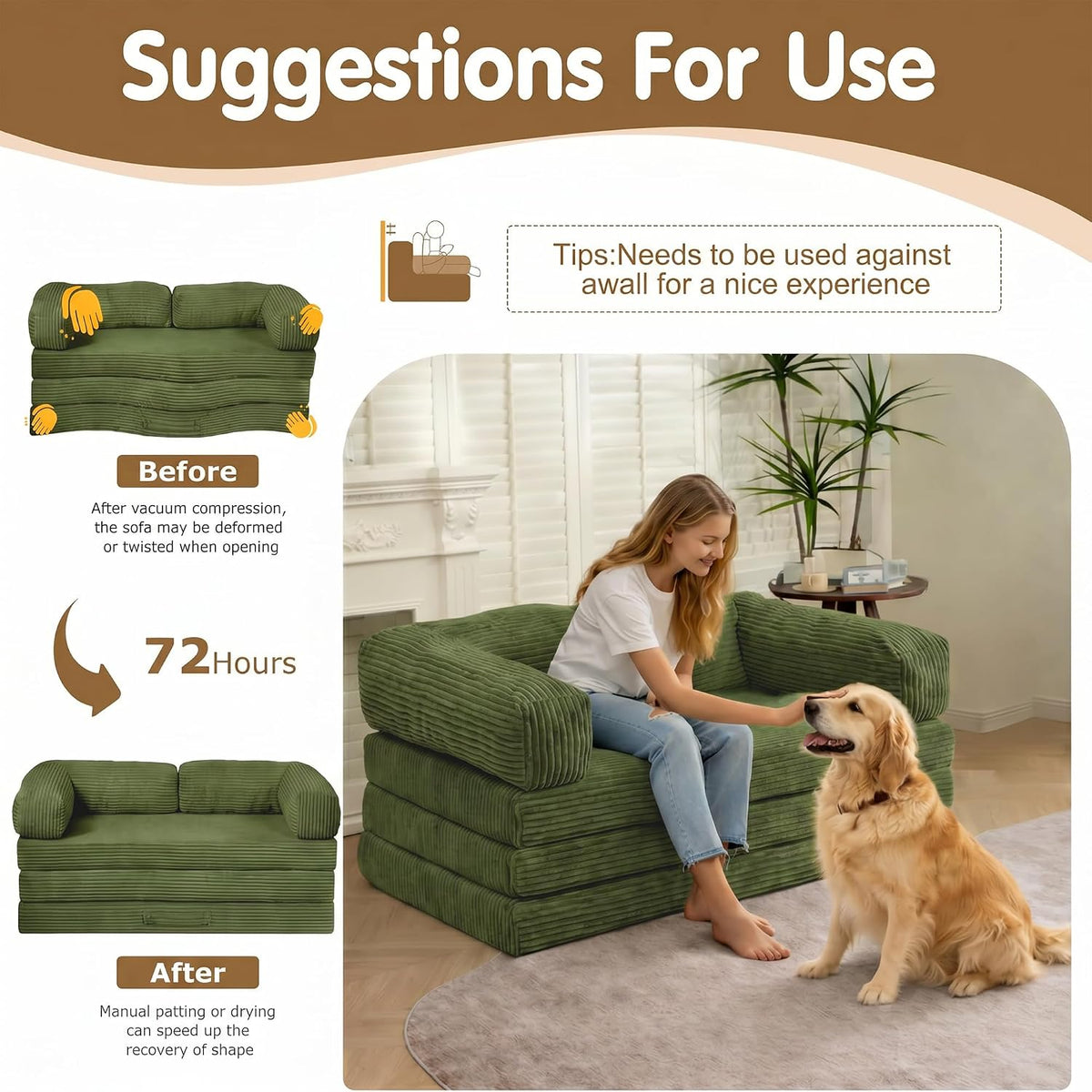 Convertible Sofa Bed Queen,5-in-1 Boneless Couch with Removable Armrests & Handle,Corduroy Futon Sleeper Sofa,Floor Folding Mattress Pull Out Bed for Small Space Apartment Living Room Bedroom,Green