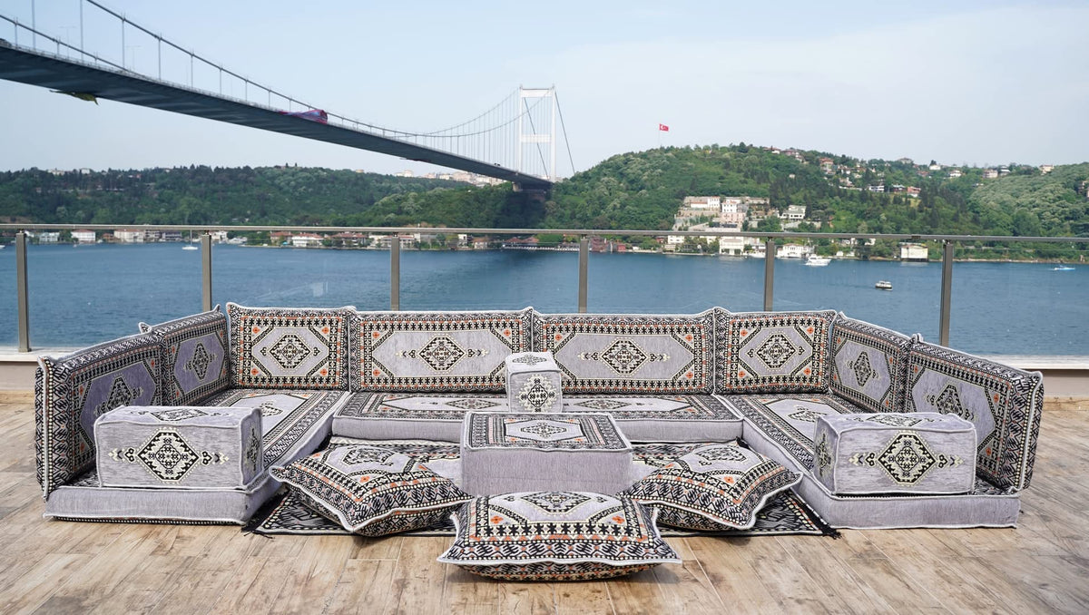 Gray L Shaped Pallet Cushions, Arabic Floor Sofa Set, Oriental Floor Seating, Sectional Floor Cushion, Indoor Floor Pillows, Arabic Majlis Set, Sofa Bed (U Sofa + Rug + Ottoman, 8'' Thickness (20 cm))