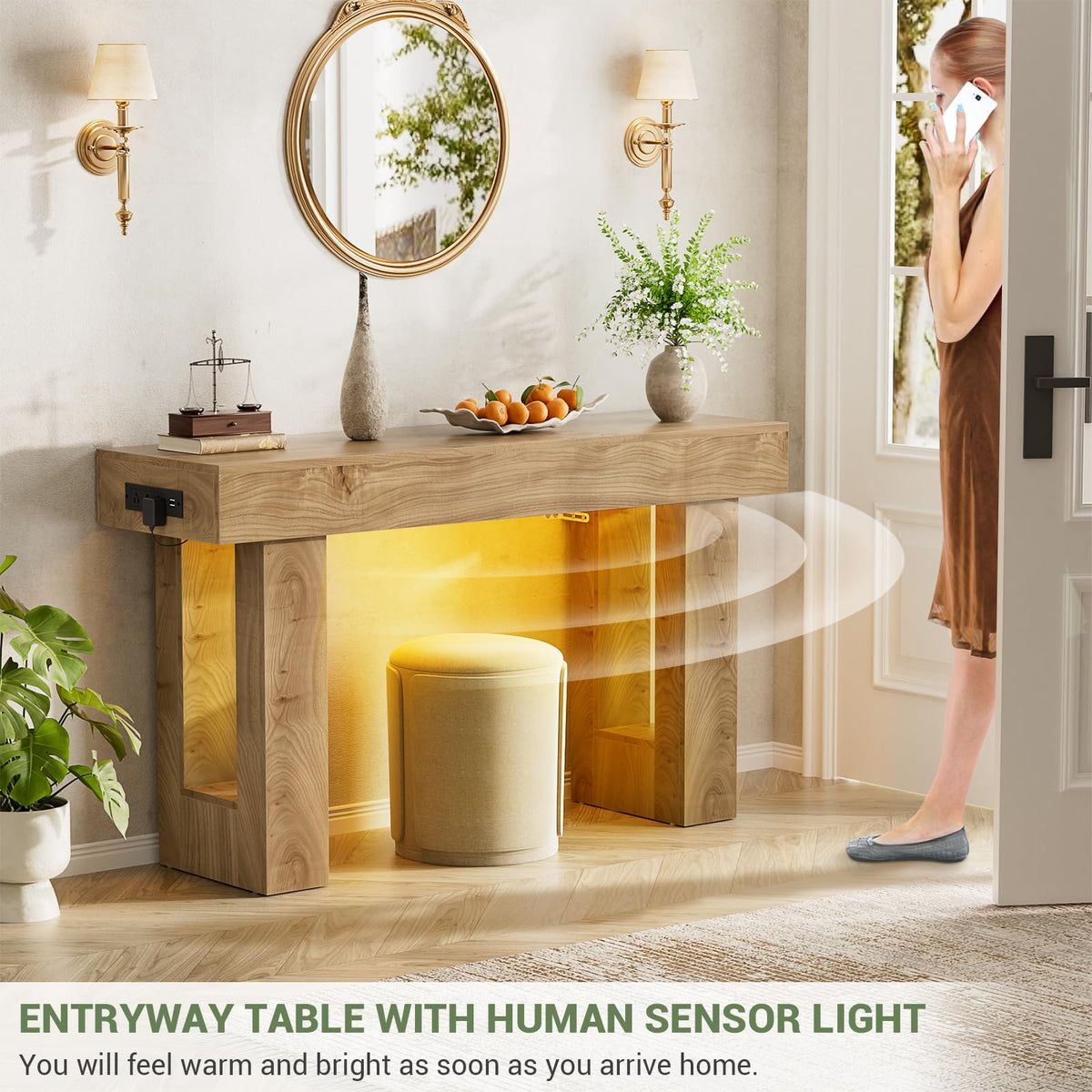 Unikito 63" Console Table with Sensor Light & AC Outlets with USB-C Ports