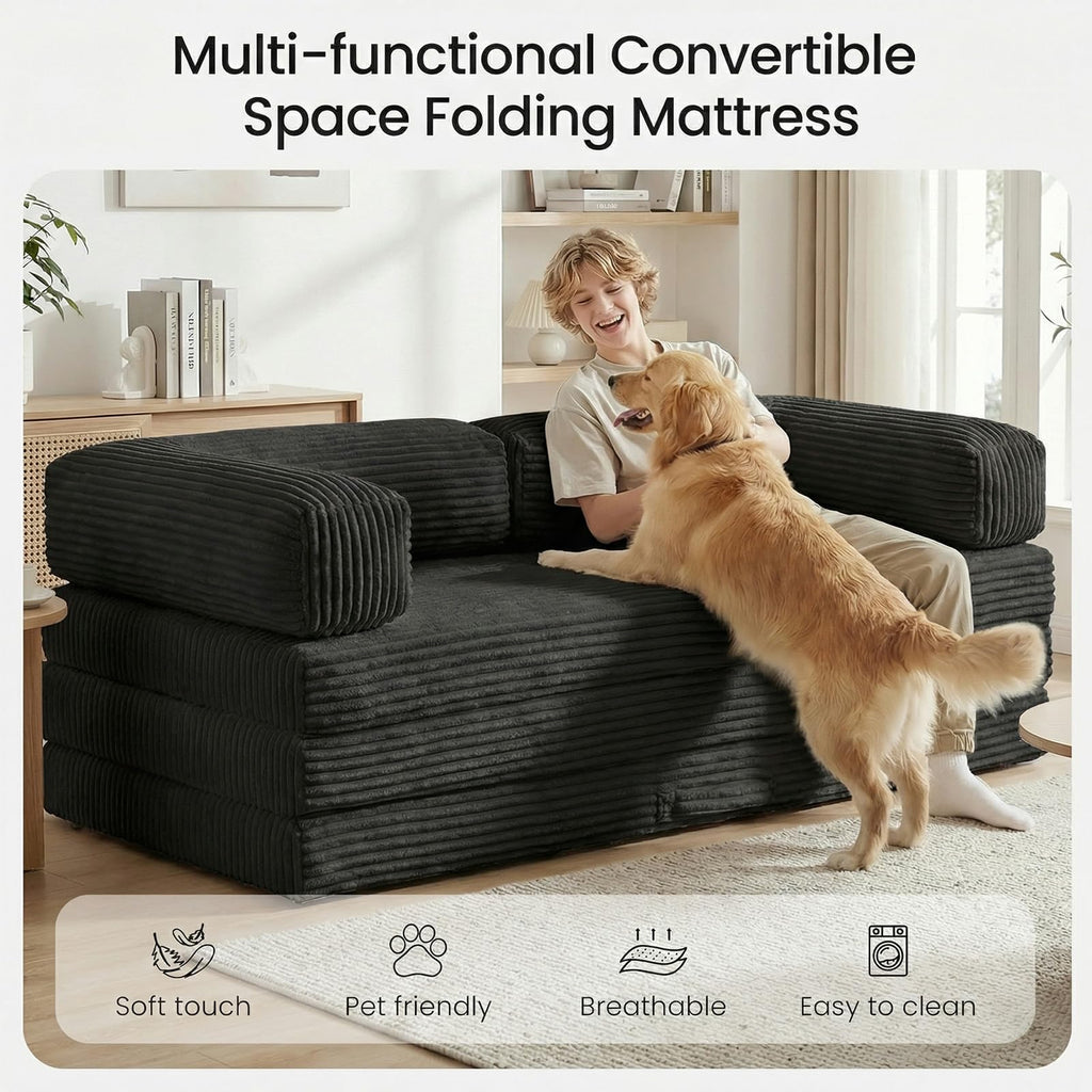 Erament Futon Sofa Bed Queen, Convertible Tri Folding Mattress Foldable with Removable Armrests & Washable Cover, 5-Inch Floor Mattress with High-Density Foam, Small Pull Out Couch Bed, Beige