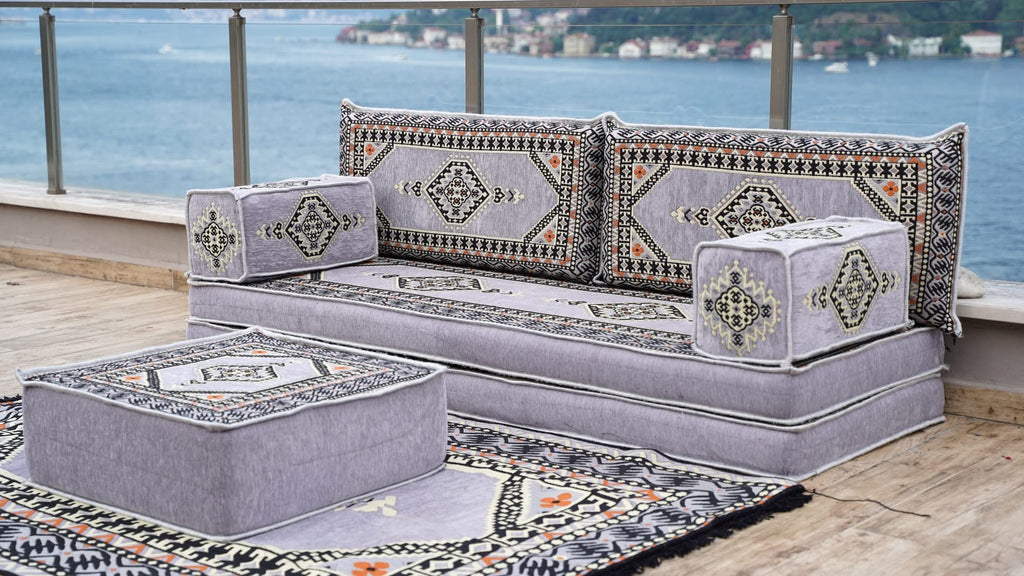 Gray L Shaped Pallet Cushions, Arabic Floor Sofa Set, Oriental Floor Seating, Sectional Floor Cushion, Indoor Floor Pillows, Arabic Majlis Set, Sofa Bed (U Sofa + Rug + Ottoman, 8'' Thickness (20 cm))