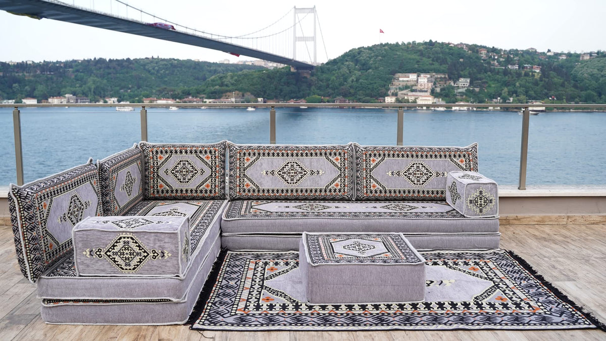 Gray L Shaped Pallet Cushions, Arabic Floor Sofa Set, Oriental Floor Seating, Sectional Floor Cushion, Indoor Floor Pillows, Arabic Majlis Set, Sofa Bed (U Sofa + Rug + Ottoman, 8'' Thickness (20 cm))