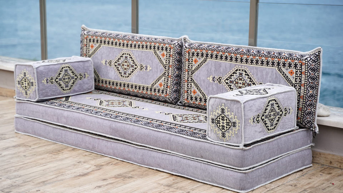 Gray L Shaped Pallet Cushions, Arabic Floor Sofa Set, Oriental Floor Seating, Sectional Floor Cushion, Indoor Floor Pillows, Arabic Majlis Set, Sofa Bed (U Sofa + Rug + Ottoman, 8'' Thickness (20 cm))
