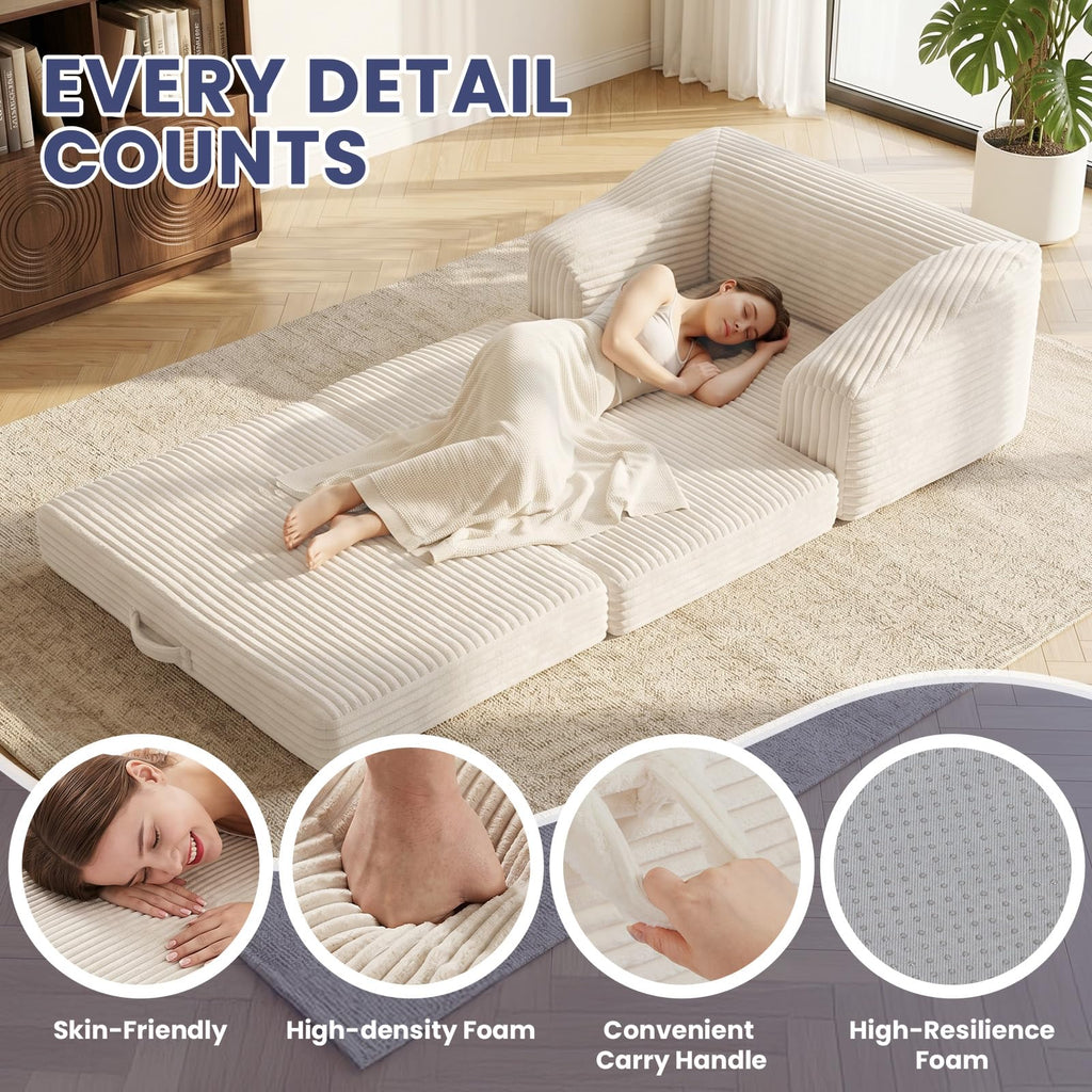 JUIKURY Convertible Sofa Bed, 3-in-1 Foldable Loveseat Couch with Armrest, Corduroy Floor Sofa & Sleeper Bed, No Assembly High-Density Foam Futon Mattress for Living Room, Small Apartment, Dorm