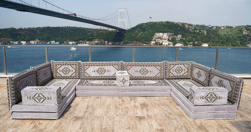Gray L Shaped Pallet Cushions, Arabic Floor Sofa Set, Oriental Floor Seating, Sectional Floor Cushion, Indoor Floor Pillows, Arabic Majlis Set, Sofa Bed (U Sofa + Rug + Ottoman, 8'' Thickness (20 cm))
