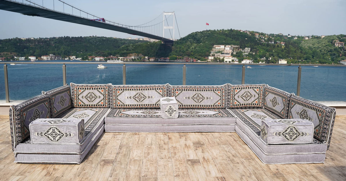 Gray L Shaped Pallet Cushions, Arabic Floor Sofa Set, Oriental Floor Seating, Sectional Floor Cushion, Indoor Floor Pillows, Arabic Majlis Set, Sofa Bed (U Sofa + Rug + Ottoman, 8'' Thickness (20 cm))