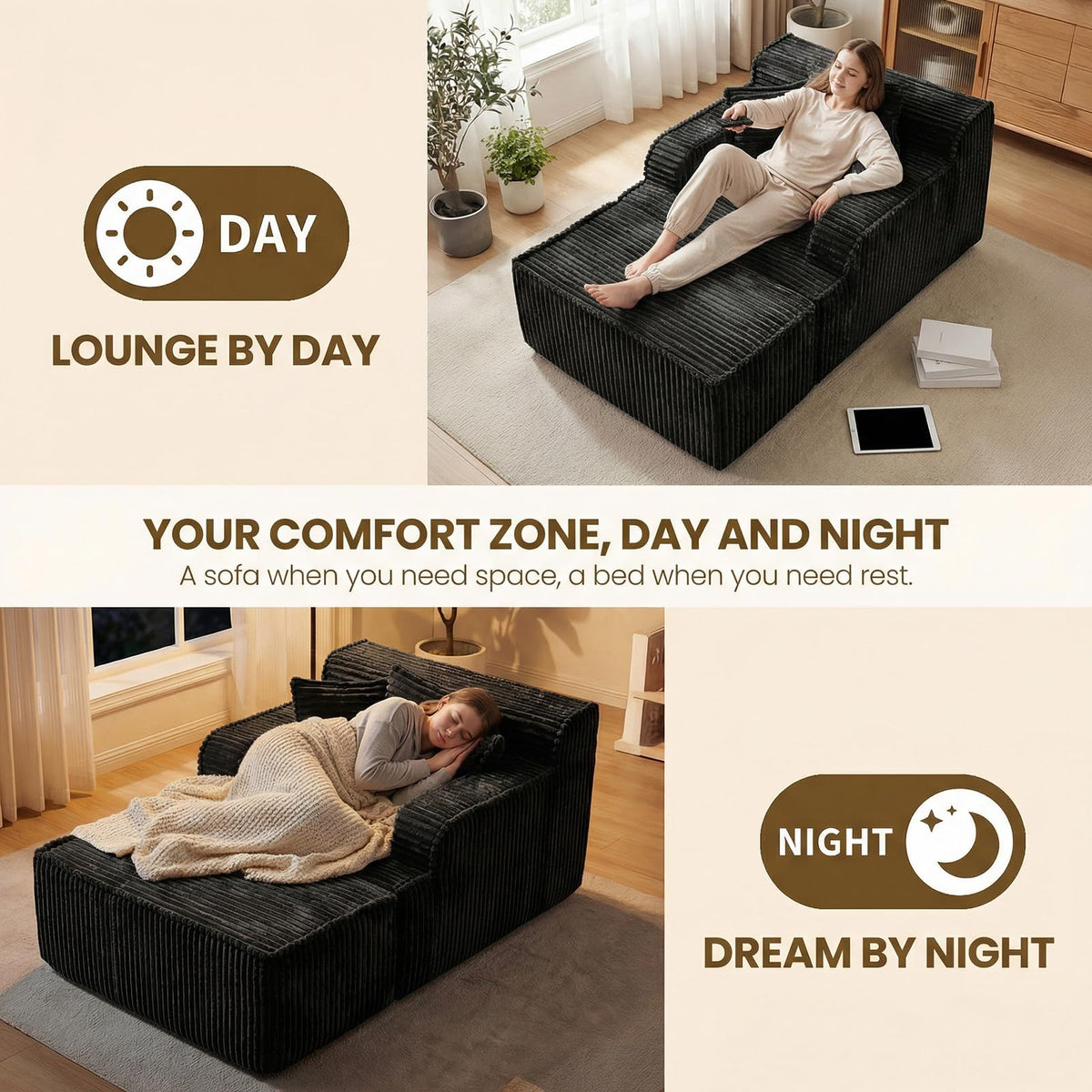 Chaise Lounge Chair Indoor,Boneless Chair with Ottoman,Comfy Reading Chair for Adults,Small Sofa Bed Couch for Living Room,Single Sleeper Chair Bed,Beige