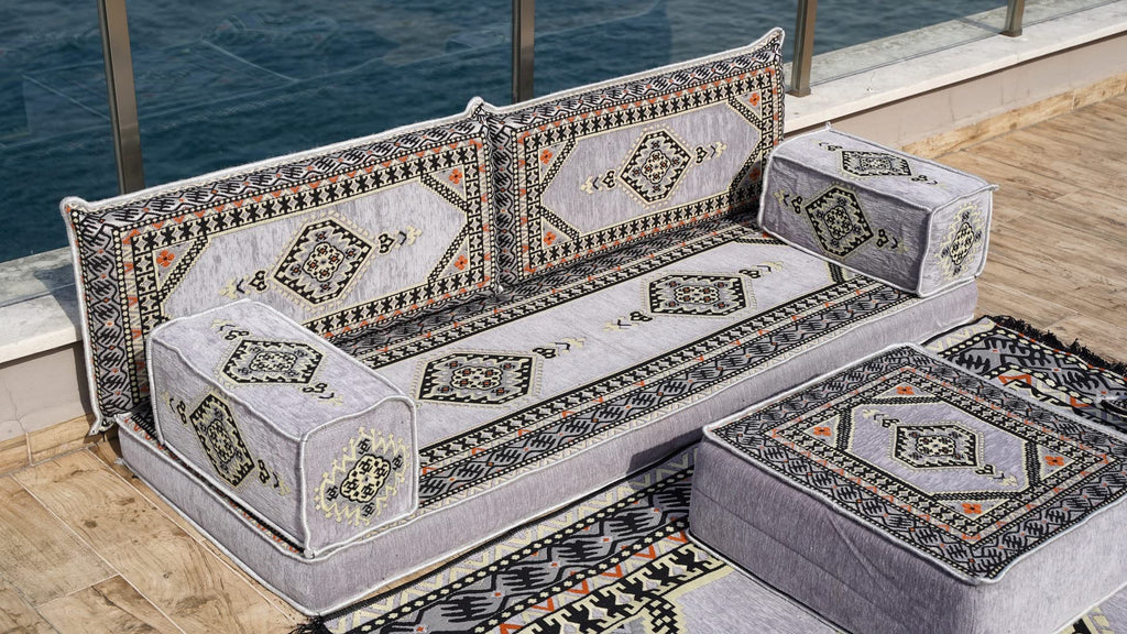 Gray L Shaped Pallet Cushions, Arabic Floor Sofa Set, Oriental Floor Seating, Sectional Floor Cushion, Indoor Floor Pillows, Arabic Majlis Set, Sofa Bed (U Sofa + Rug + Ottoman, 8'' Thickness (20 cm))
