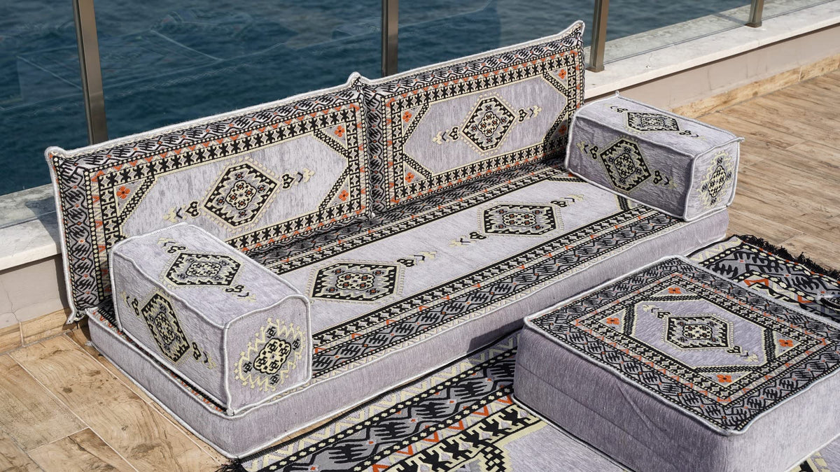 Gray L Shaped Pallet Cushions, Arabic Floor Sofa Set, Oriental Floor Seating, Sectional Floor Cushion, Indoor Floor Pillows, Arabic Majlis Set, Sofa Bed (U Sofa + Rug + Ottoman, 8'' Thickness (20 cm))