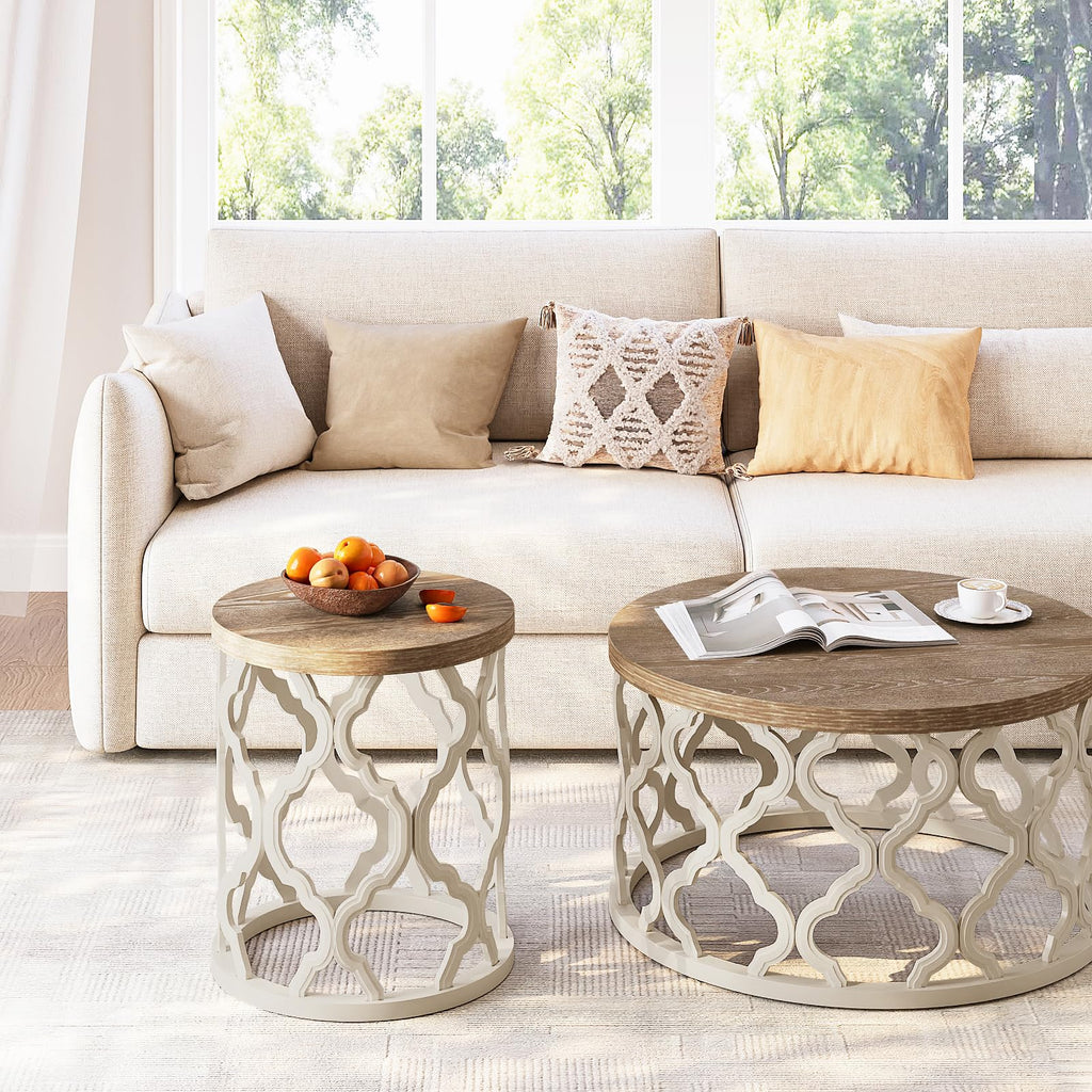 karlott Farmhouse Coffee Table, French Country Round Coffee Table, Beige
