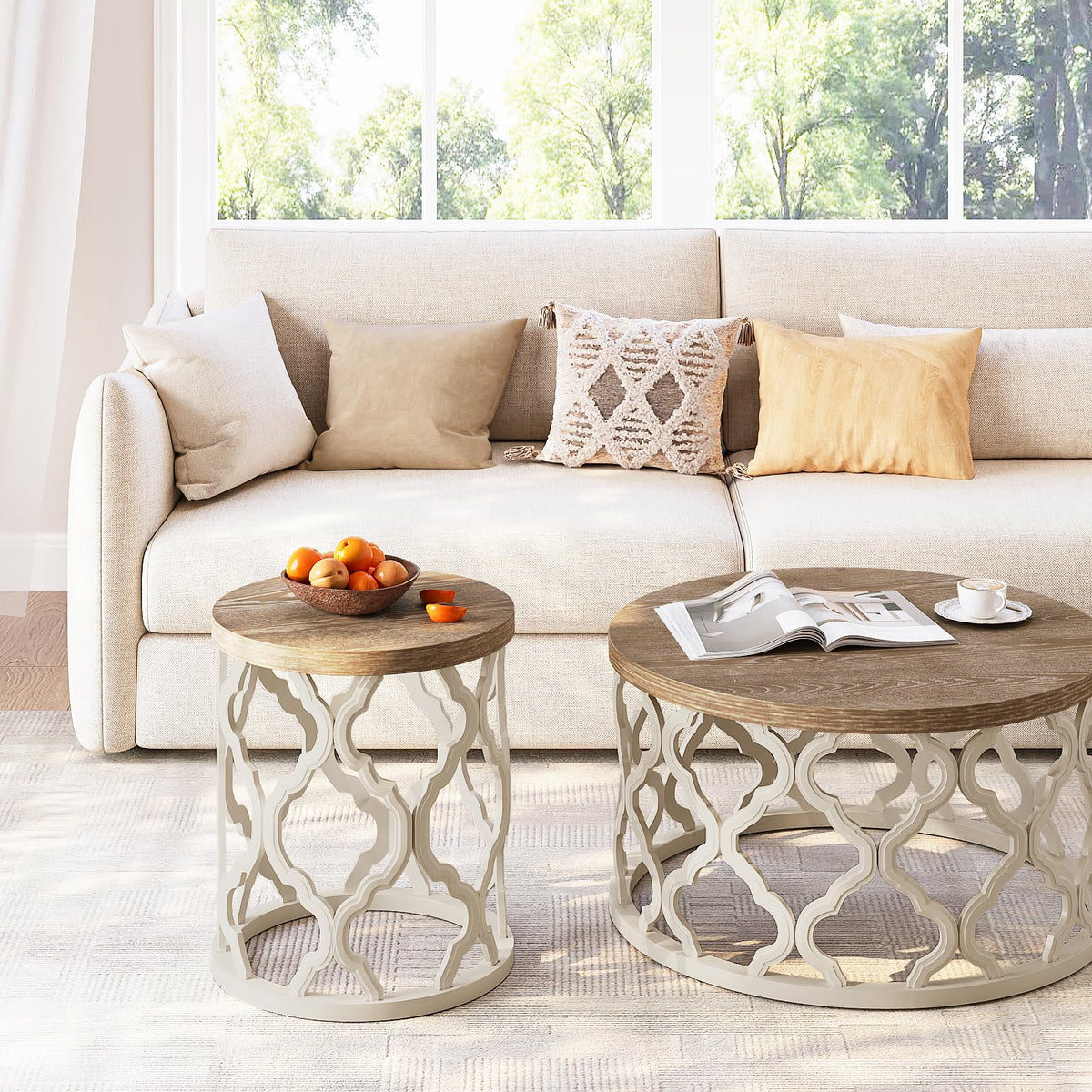 karlott Farmhouse Coffee Table, French Country Round Coffee Table, Beige