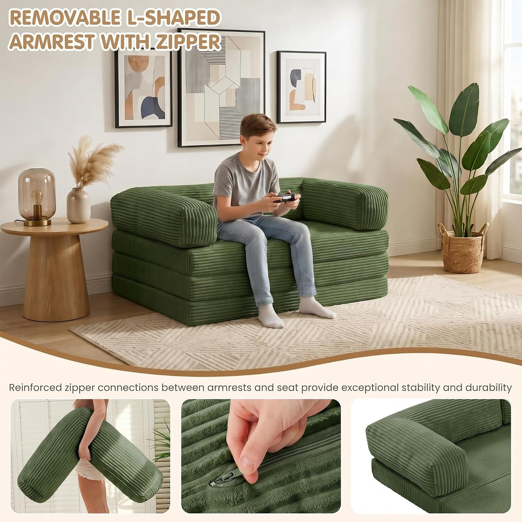 Convertible Sofa Bed Queen,5-in-1 Boneless Couch with Removable Armrests & Handle,Corduroy Futon Sleeper Sofa,Floor Folding Mattress Pull Out Bed for Small Space Apartment Living Room Bedroom,Green