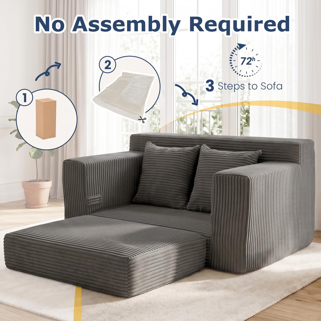 cidludto Convertible Sofa Bed, 3 in 1 Loveseat Folding Couch Bed Foldable - Chaise Lounge Chair & Floor Futon Sofa, Corduroy Pull Out Sofa Bed with 4 Pillows for Living Room, Beige